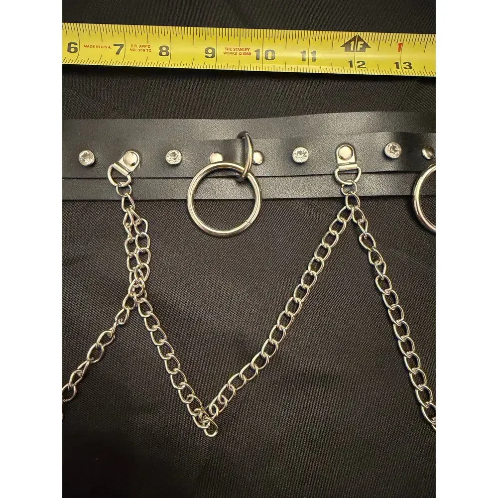 NWOT Y2K Punk Goth Faux Leather O-Ring Chain Black Belt Studs & Rhinestones, 36